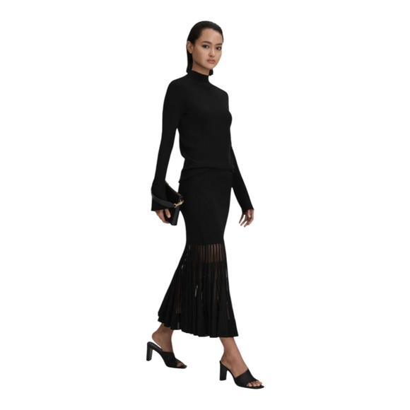 Reiss TillyWomens Long Skirt Black Knitted Sheer Flared Midi Ribbed Size Large - Picture 2 of 12